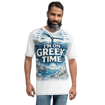 All-over print T-shirt featuring the I'm on Greek Time design — additional product photo.