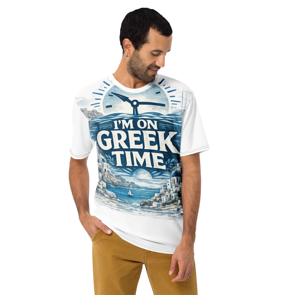 All-over print T-shirt featuring the I'm on Greek Time design — additional product photo.