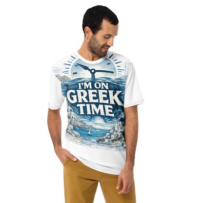 All-over print T-shirt featuring the I'm on Greek Time design — additional product photo.