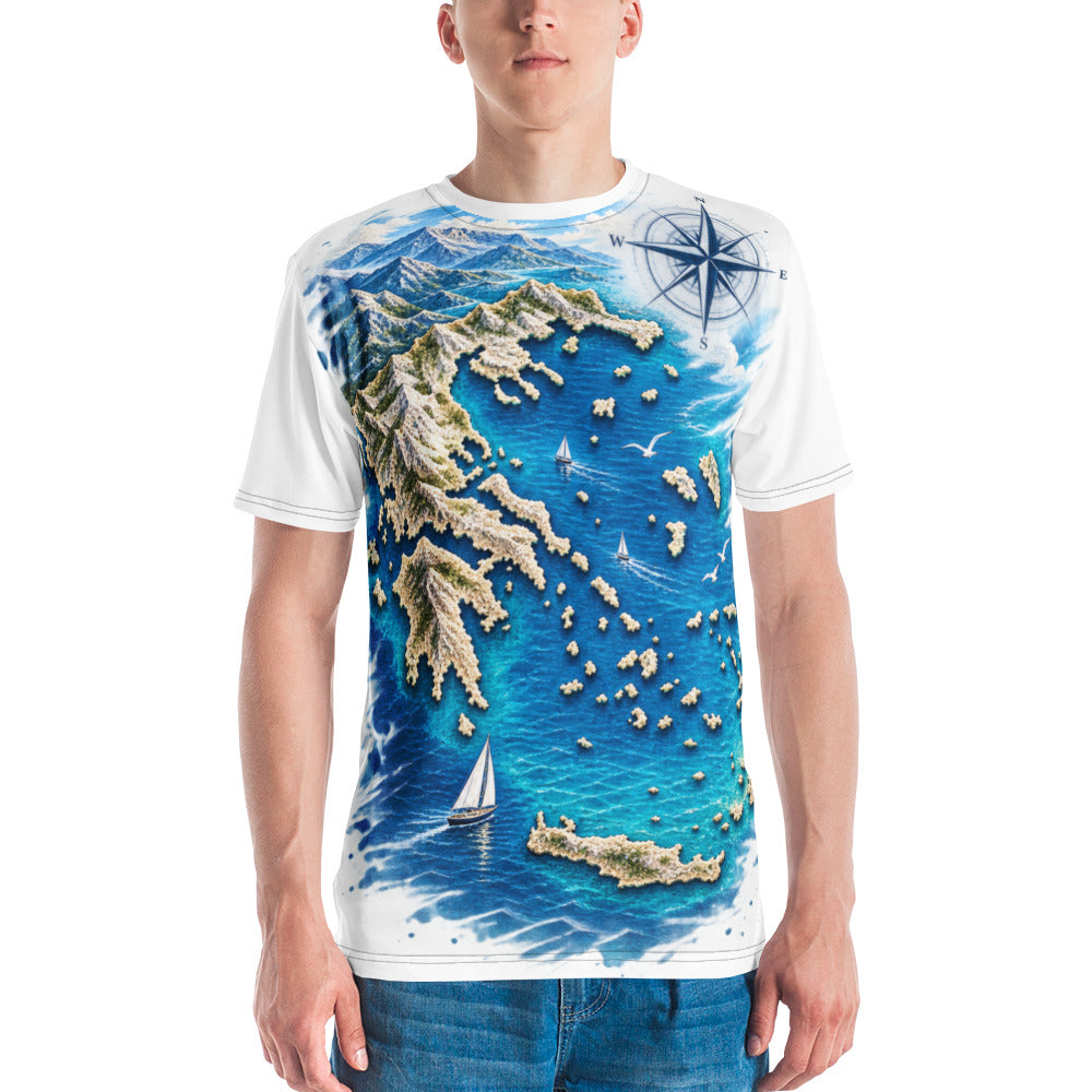 All-over print T-shirt with a Greece Navigator graphic design, M size.