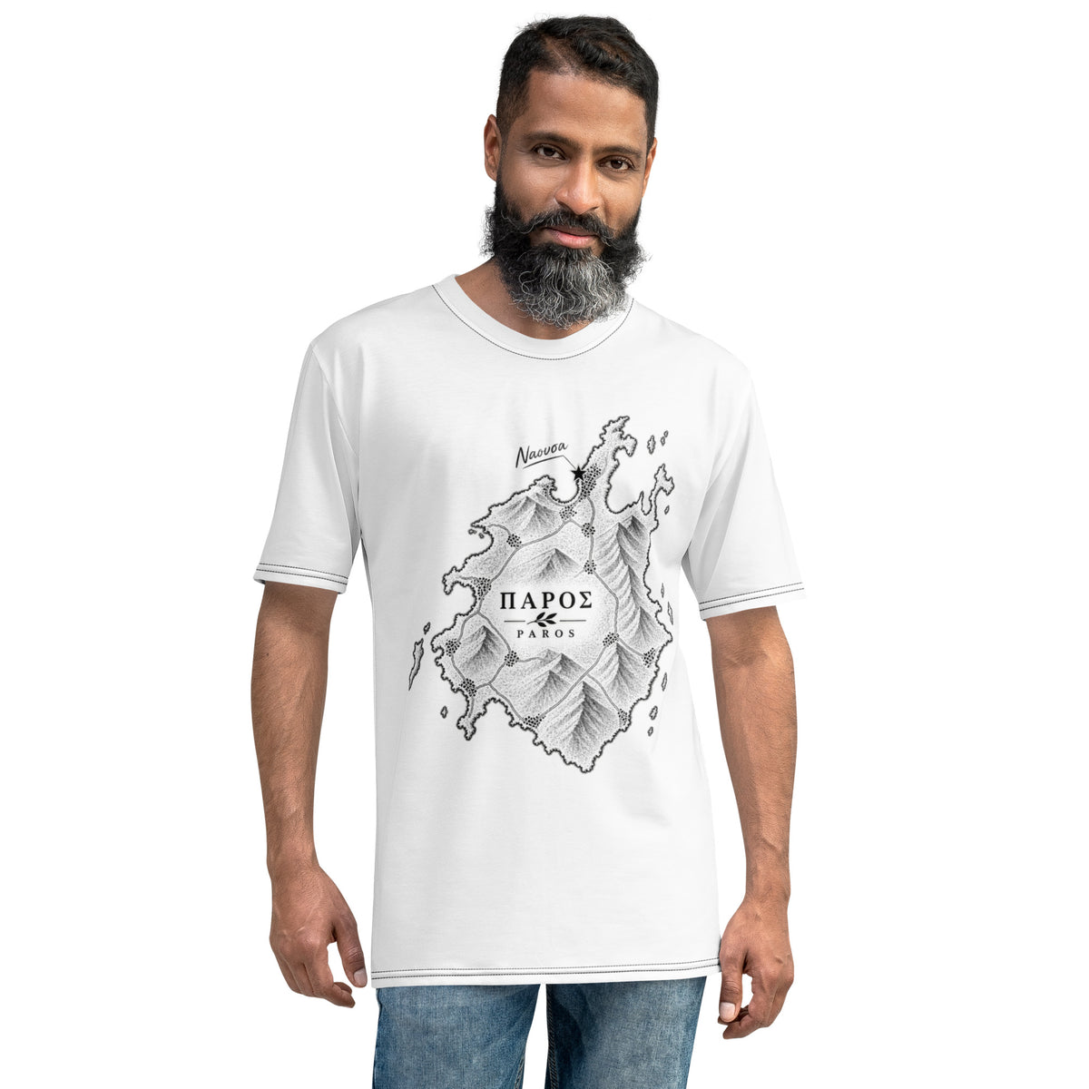 All-over print T-shirt celebrating Naousa, Greece, XS size.