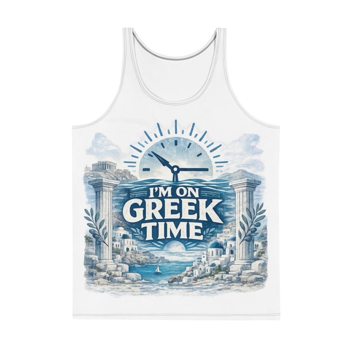 Unisex tank top featuring the I'm on Greek Time clock design, XS size.
