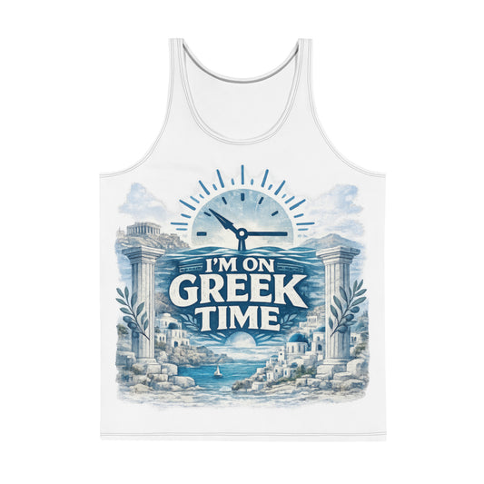 Unisex tank top featuring the I'm on Greek Time clock design, XS size.