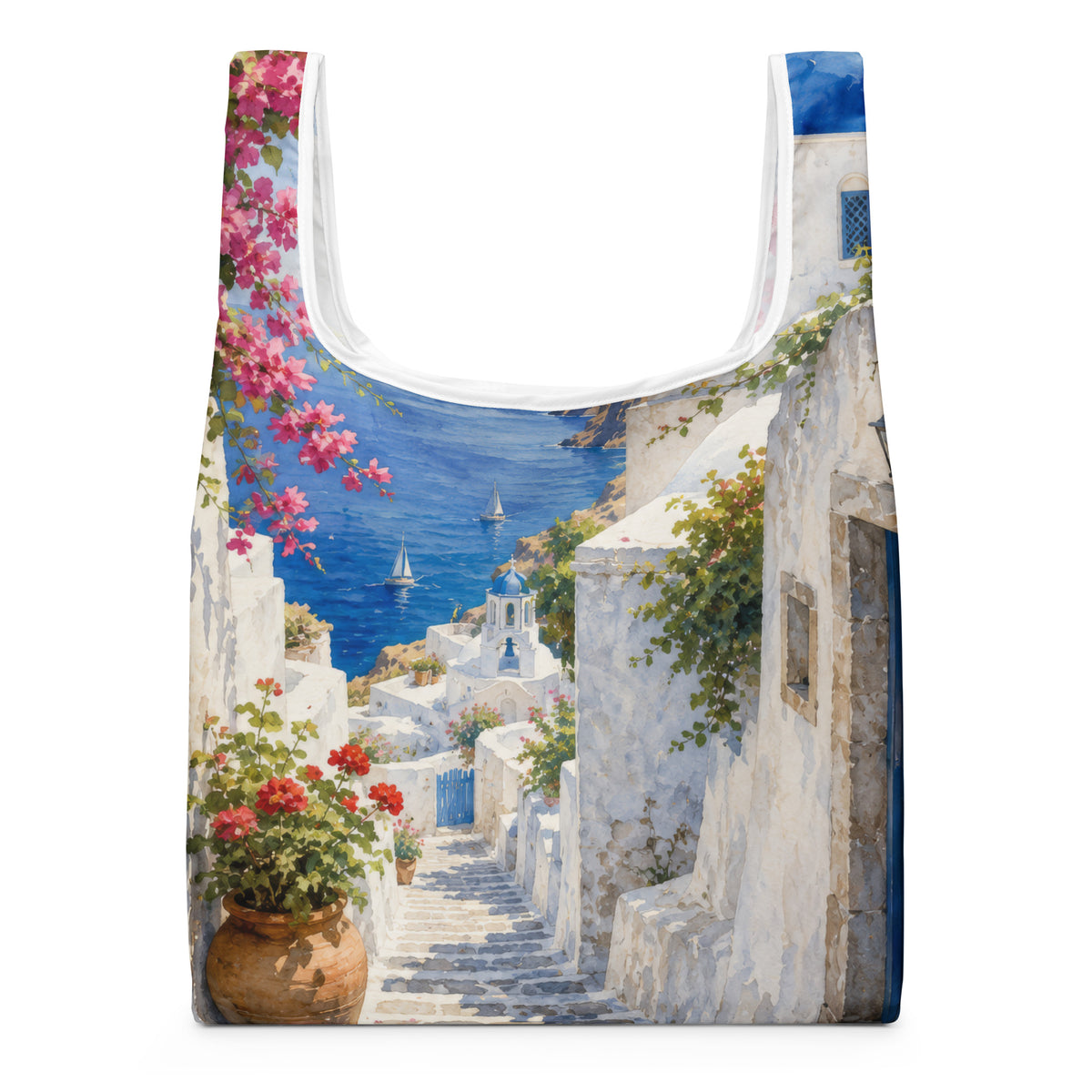 Tote bag featuring an illustrated Santorini courtyard scene.