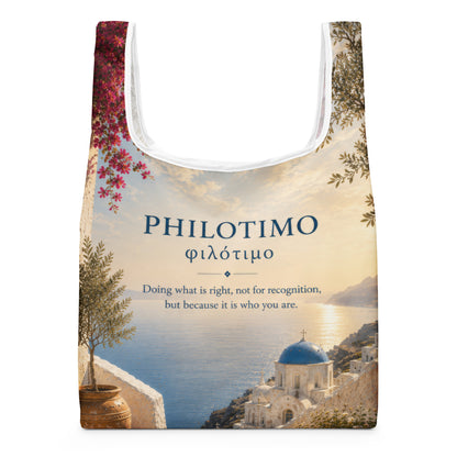 Tote bag featuring a minimalist philotimo design.