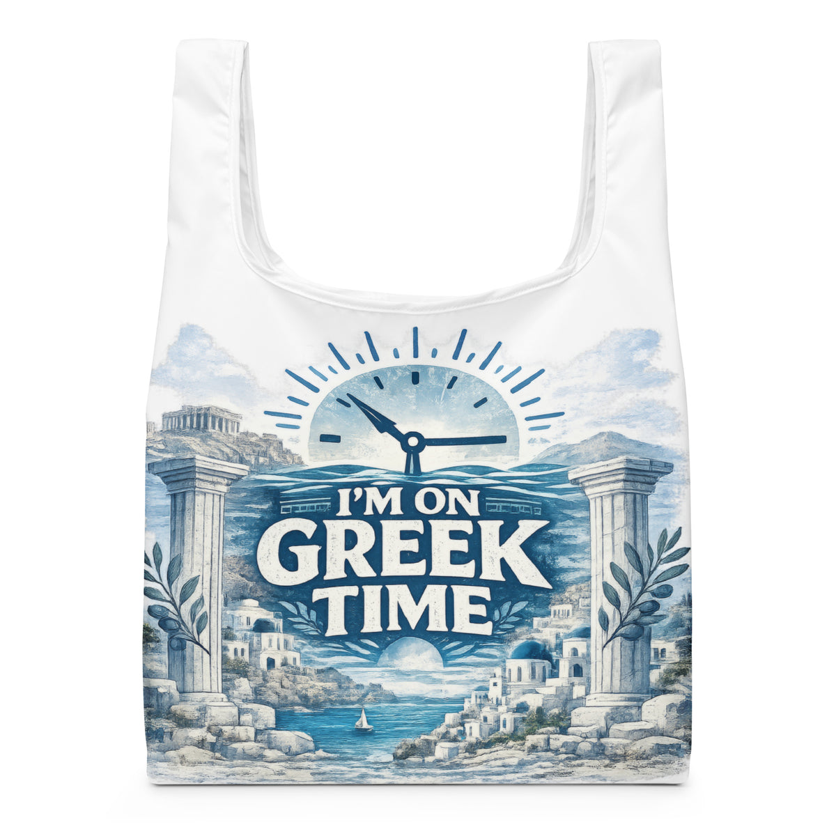 Shopping bag featuring the I'm on Greek Time design.