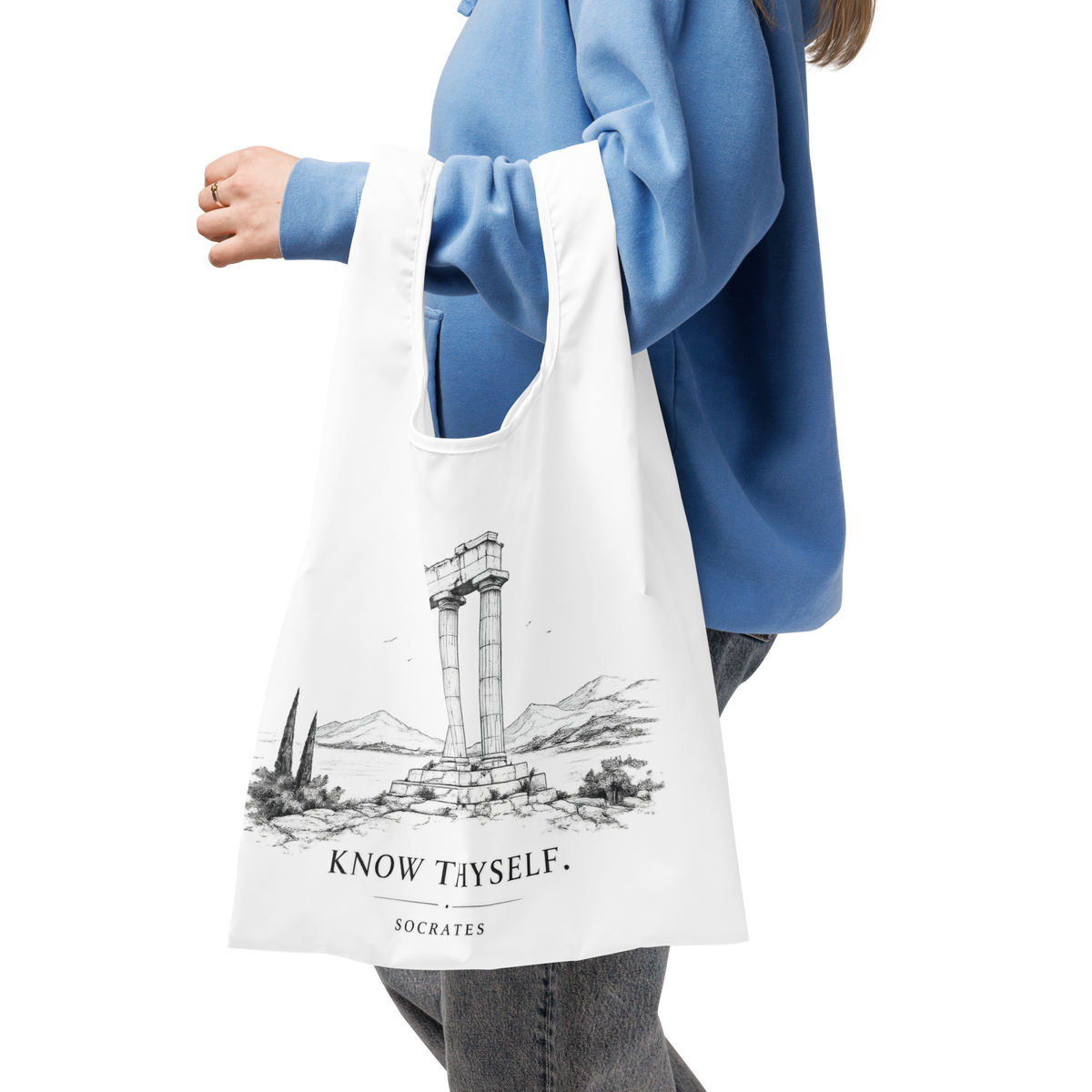 Tote bag featuring the Know Thyself design — additional product photo.