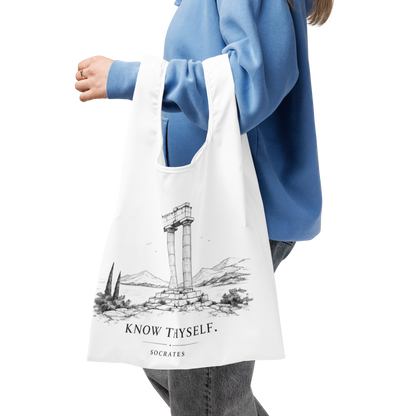 Tote bag featuring the Know Thyself design — additional product photo.