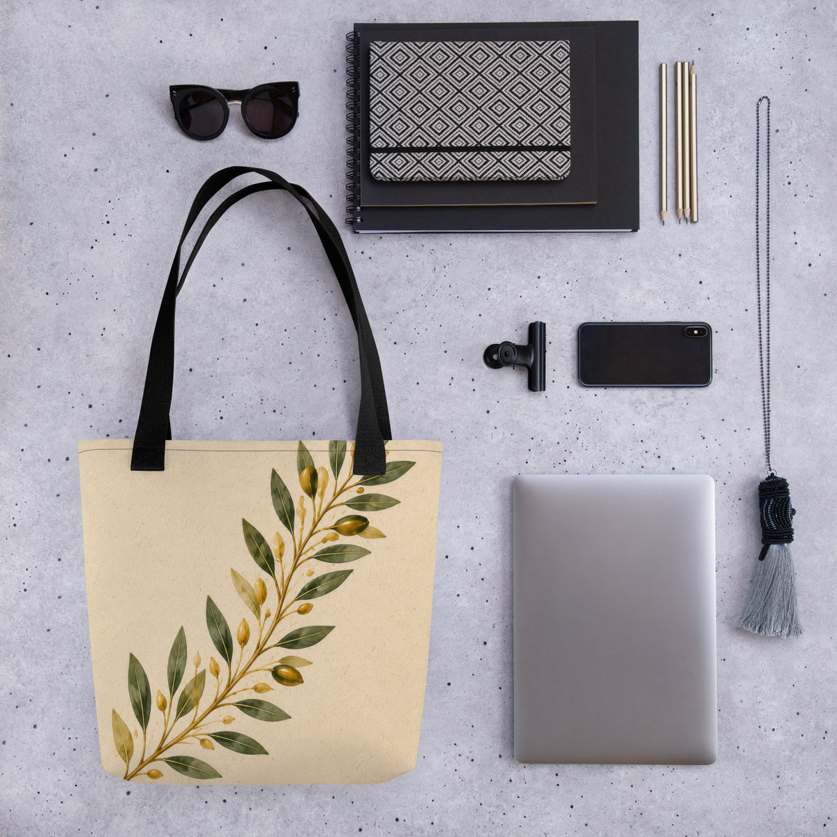 Tote bag featuring an olive branch design inspired by Greece — additional product photo.