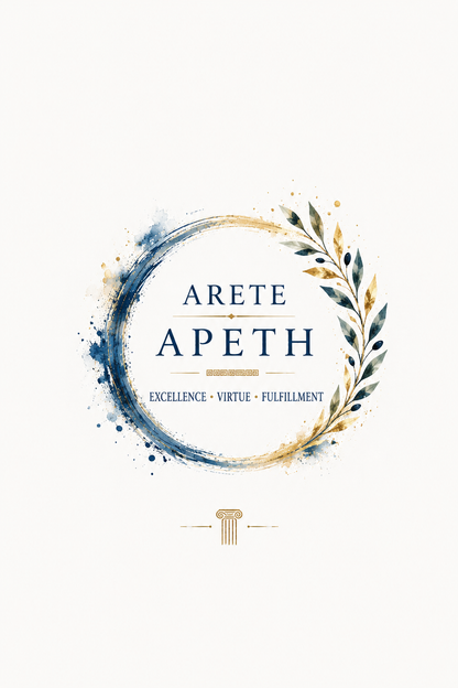 Minimalist poster featuring the Greek concept of arete (excellence and virtue), 5″×7″ size.