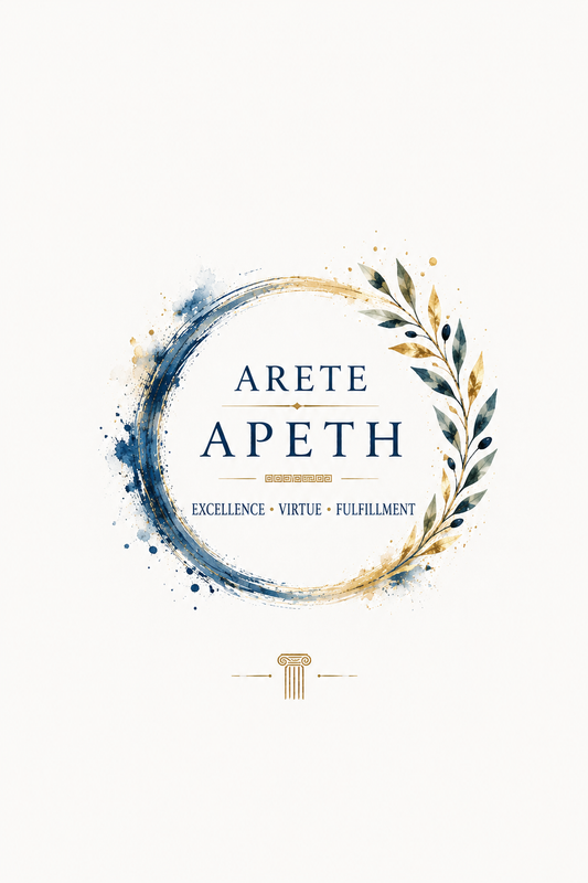 Minimalist poster featuring the Greek concept of arete (excellence and virtue), 5″×7″ size.