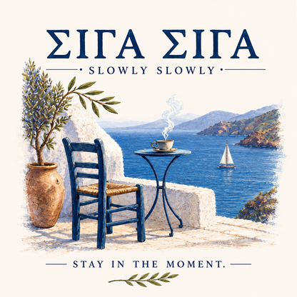 Σιγά Σιγά (Stay in the Moment) typographic poster, 5″×7″ size.