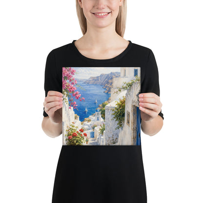 Canvas wall art featuring an illustrated Santorini courtyard scene, 10″×10″ size.