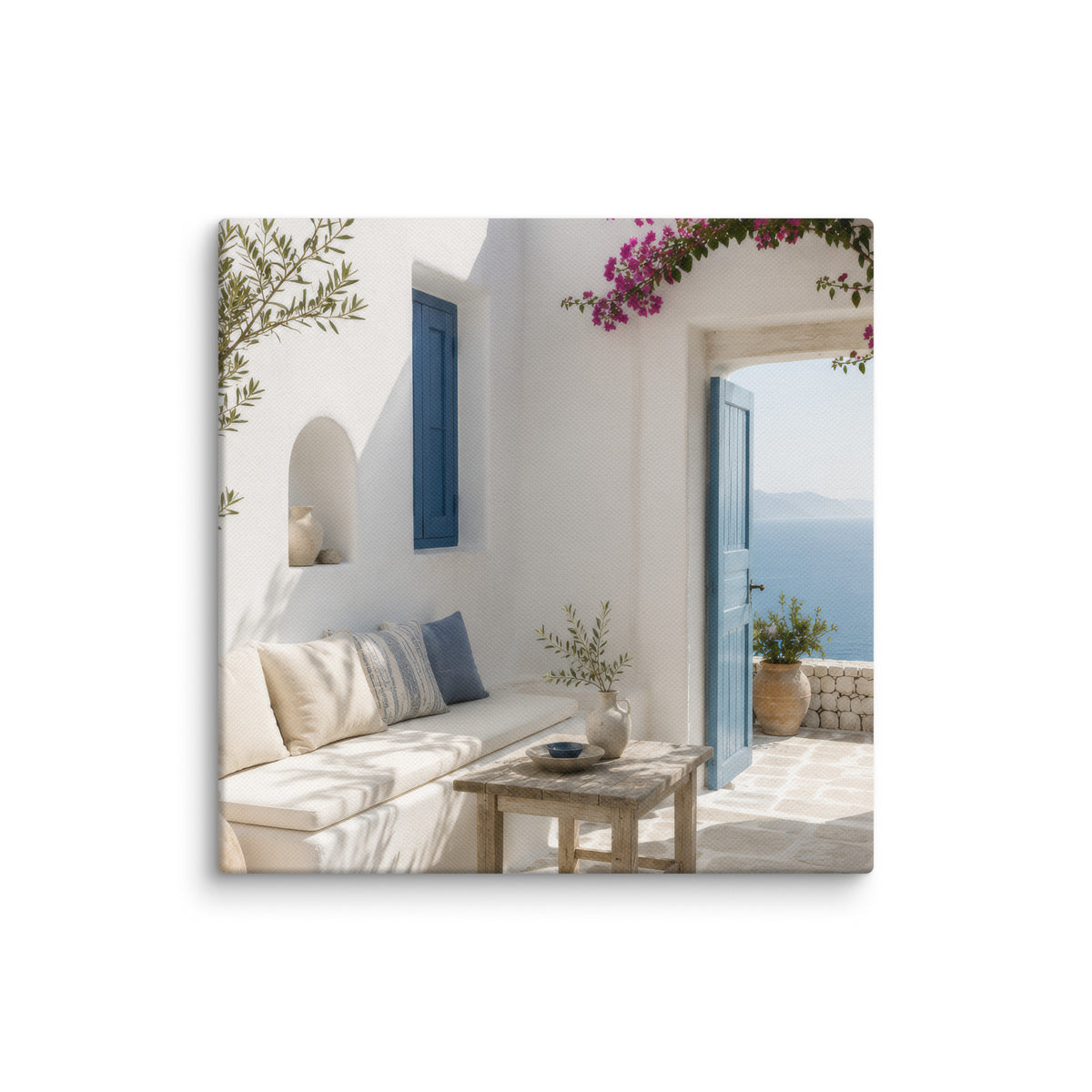 Illustrated Cycladic courtyard scene in white, blue, and stone tones, 10″×10″ size.