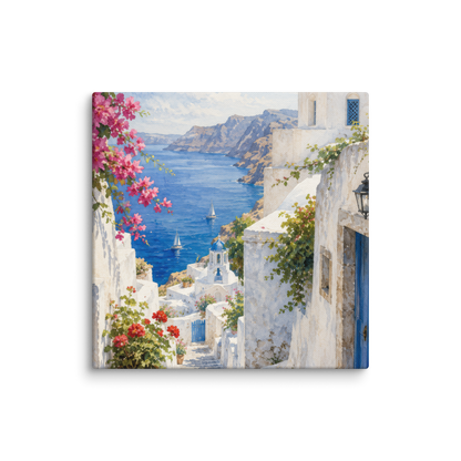 Canvas wall art featuring an illustrated Santorini courtyard scene — additional product photo.