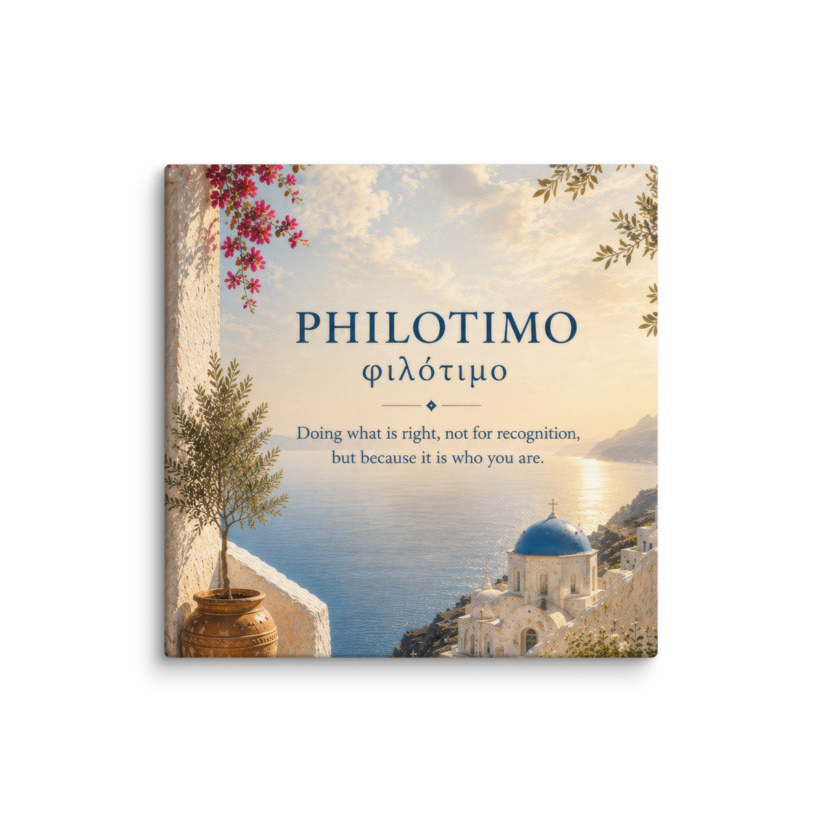 Canvas wall art featuring a minimalist design around the Greek concept of philotimo, 10″×10″ size.