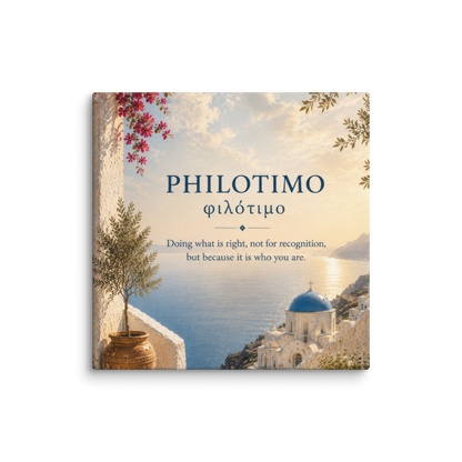 Canvas wall art featuring a minimalist design around the Greek concept of philotimo, 10″×10″ size.