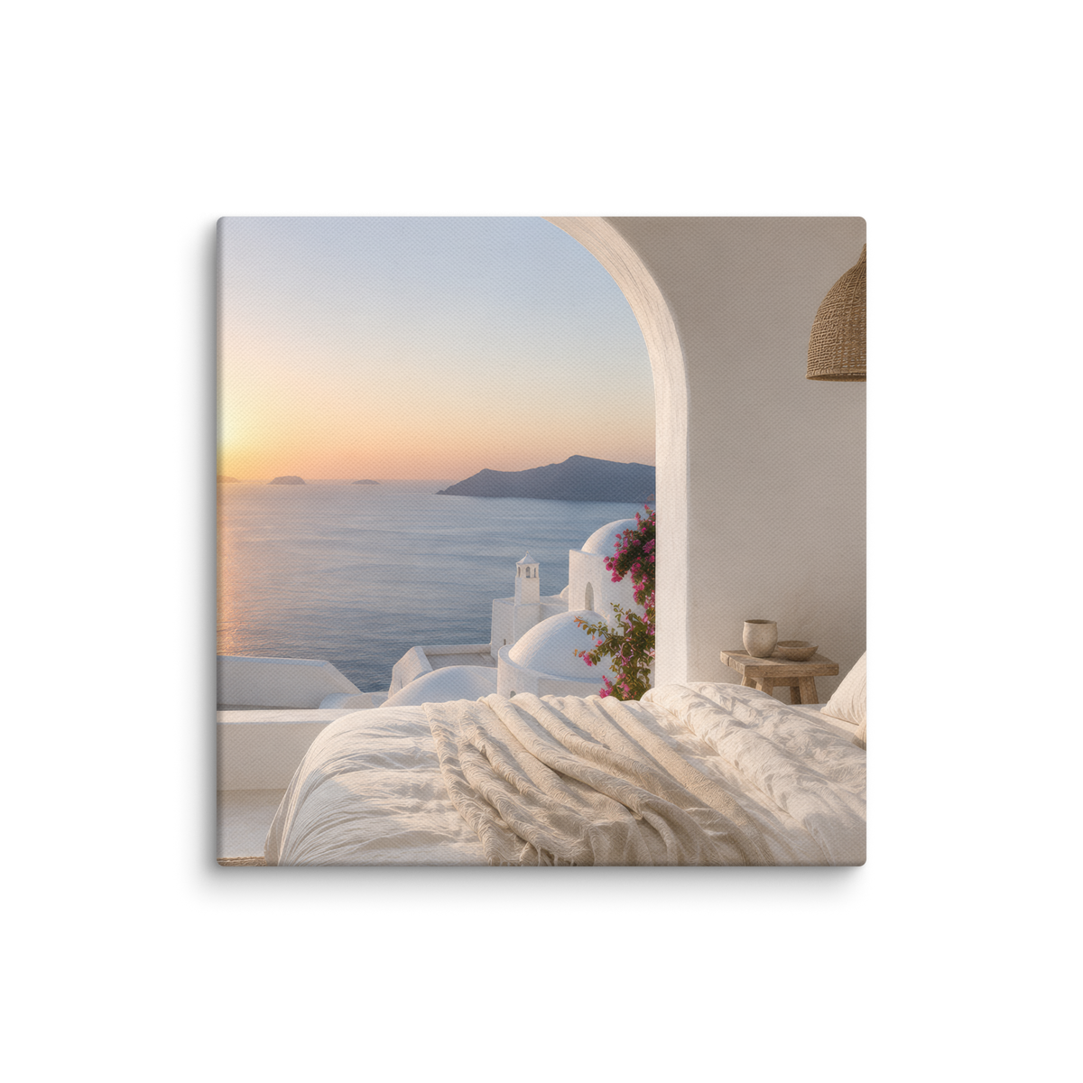 Illustrated Greek-island bedroom scene with whitewashed walls and sea-blue light, 10″×10″ size.