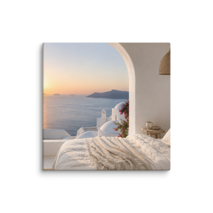 Illustrated Greek-island bedroom scene with whitewashed walls and sea-blue light, 10″×10″ size.