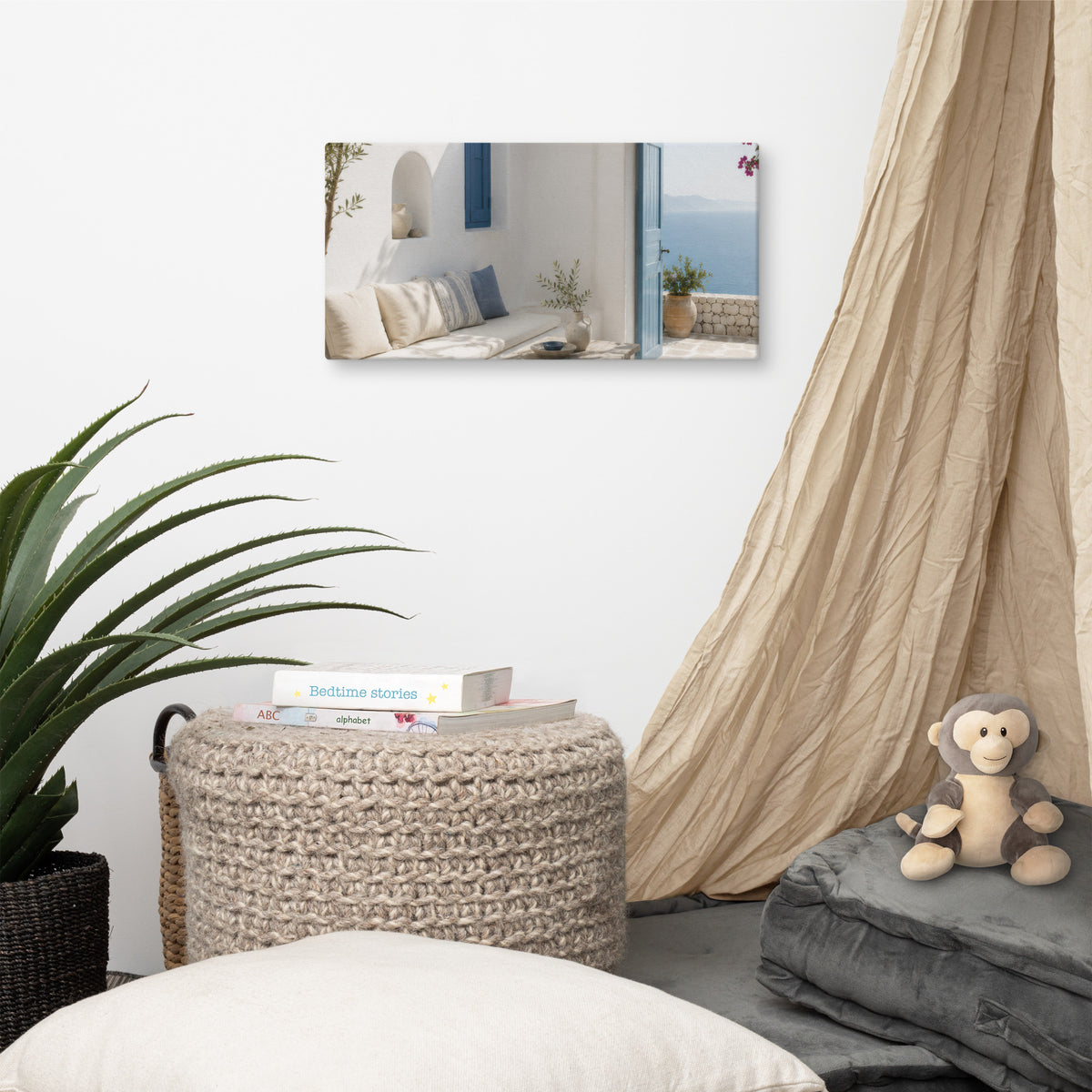 Illustrated Cycladic courtyard scene in white, blue, and stone tones — additional product photo.