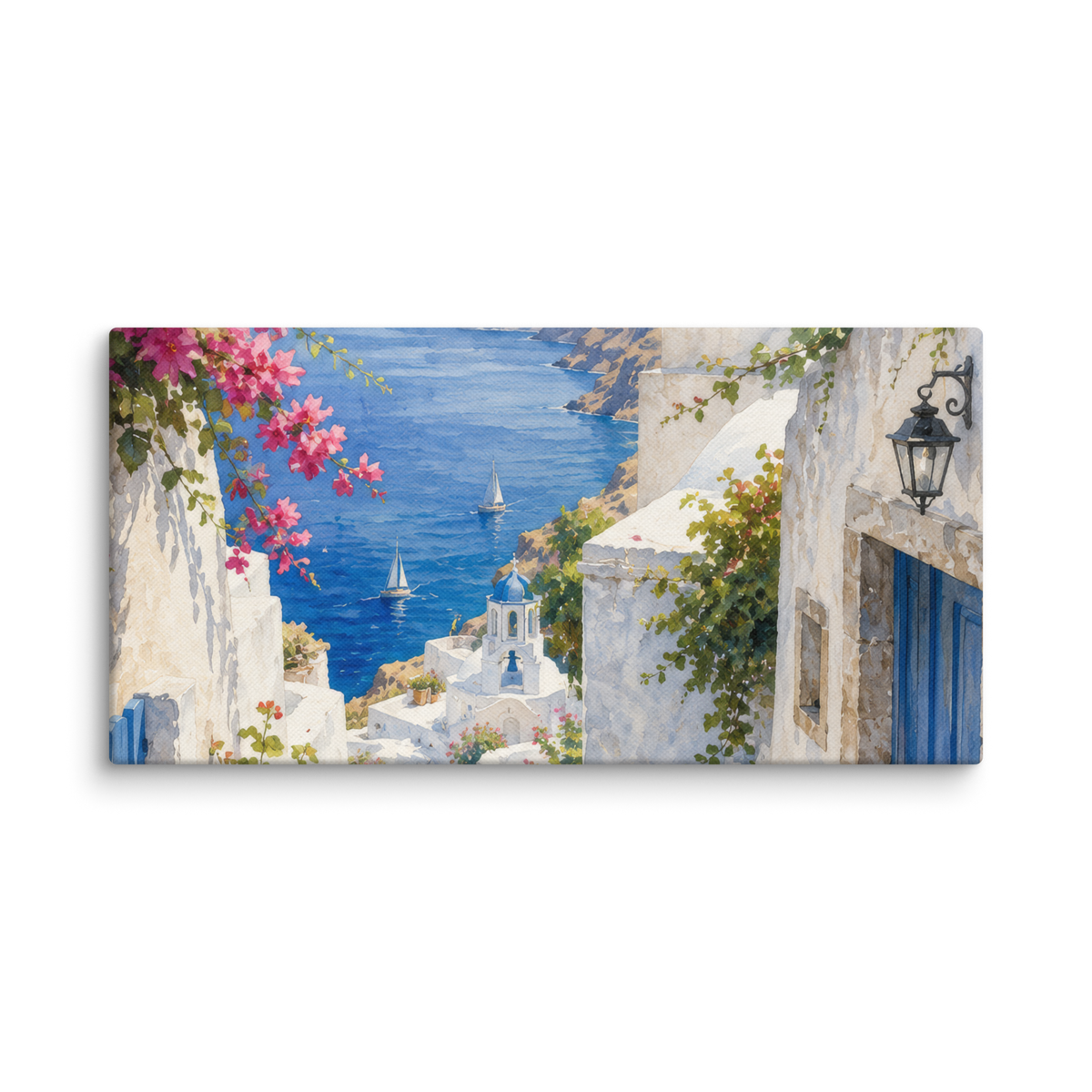 Canvas wall art featuring an illustrated Santorini courtyard scene, 10″×20″ size.