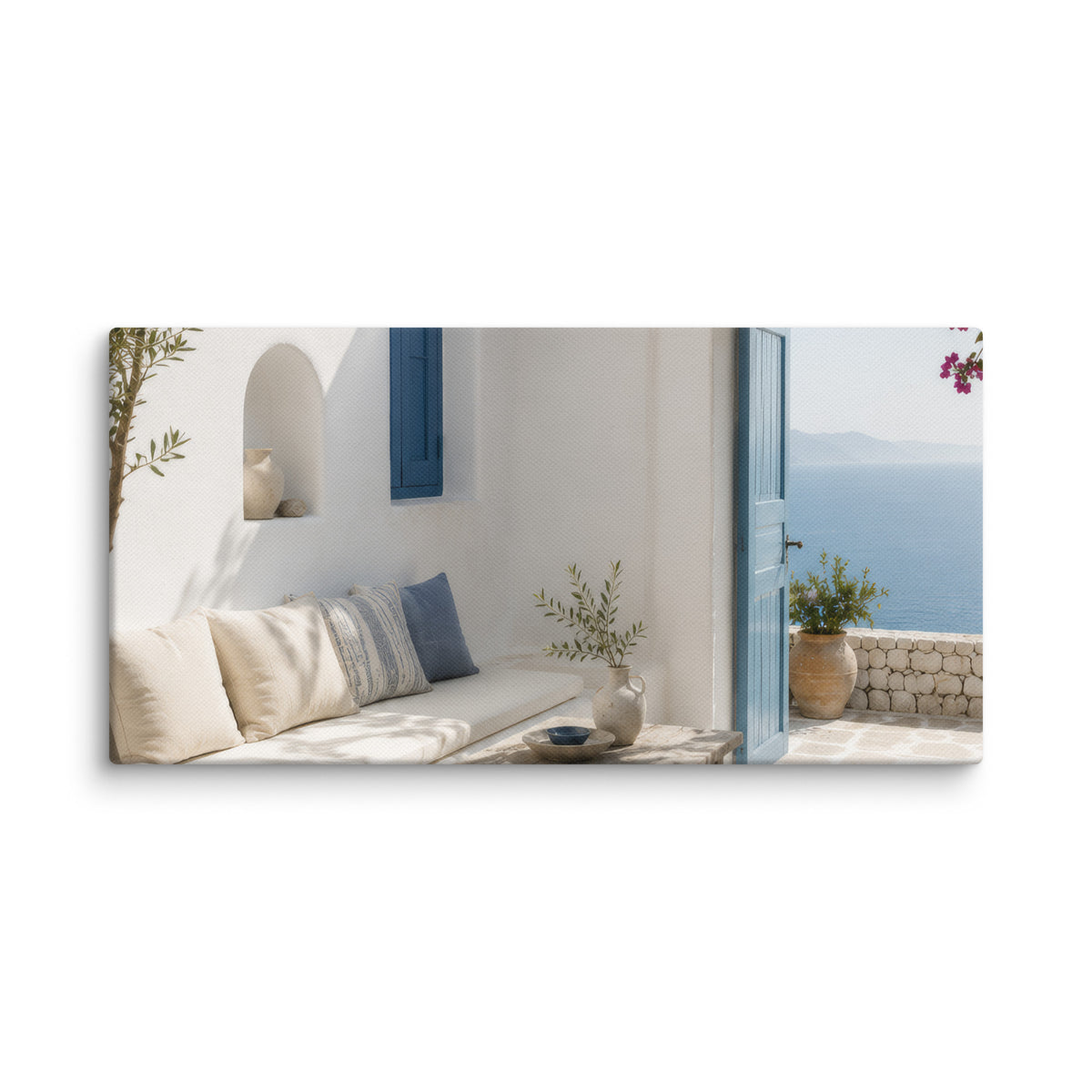 Illustrated Cycladic courtyard scene in white, blue, and stone tones, 10″×20″ size.