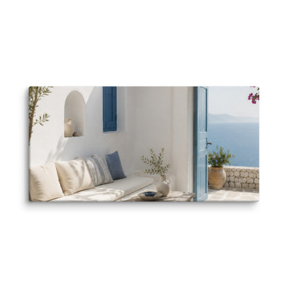 Illustrated Cycladic courtyard scene in white, blue, and stone tones, 10″×20″ size.