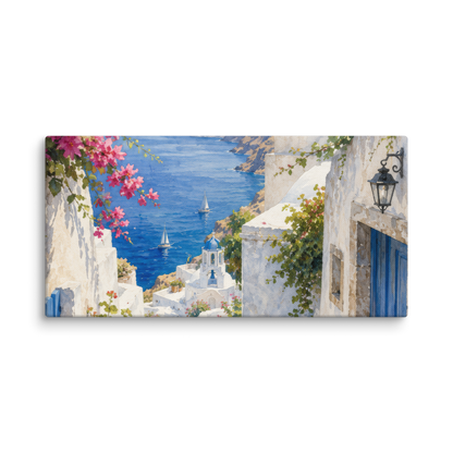 Canvas wall art featuring an illustrated Santorini courtyard scene — additional product photo.