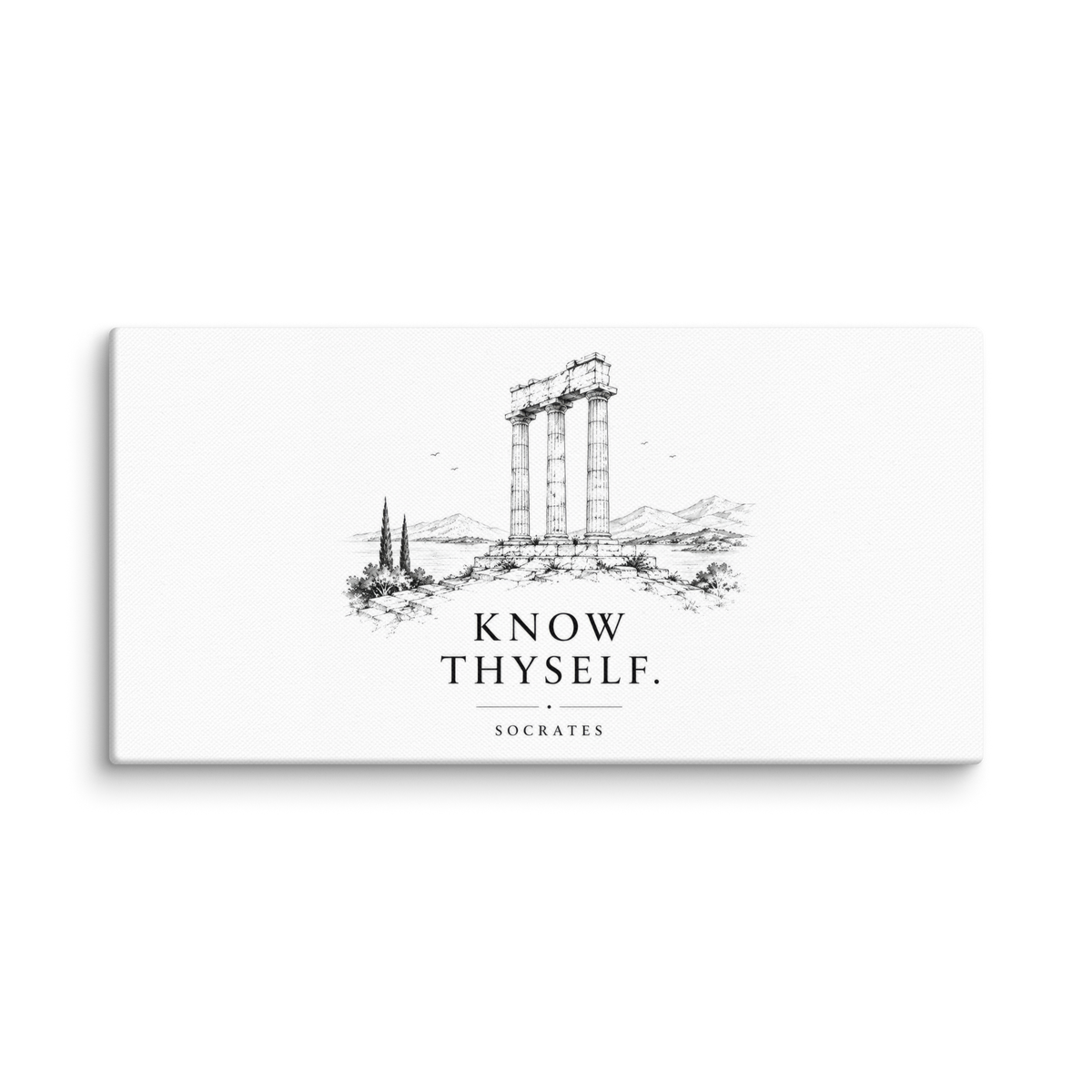 Canvas wall art featuring classical ruins and the Know Thyself maxim, 10″×20″ size.