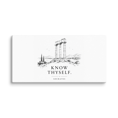 Canvas wall art featuring classical ruins and the Know Thyself maxim, 10″×20″ size.