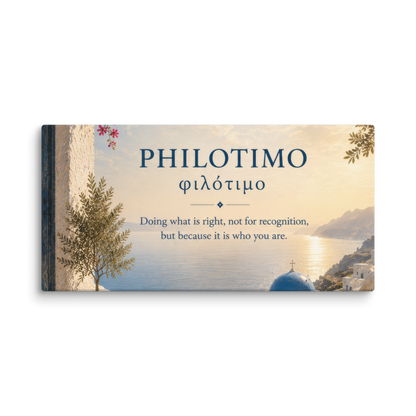 Canvas wall art featuring a minimalist design around the Greek concept of philotimo, 10″×20″ size.