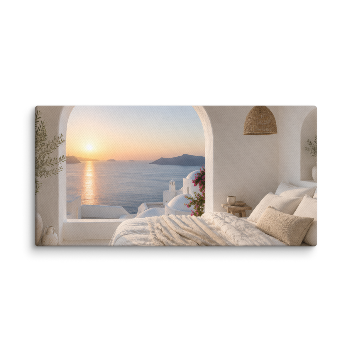 Illustrated Greek-island bedroom scene with whitewashed walls and sea-blue light, 10″×20″ size.