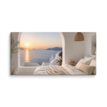 Illustrated Greek-island bedroom scene with whitewashed walls and sea-blue light, 10″×20″ size.