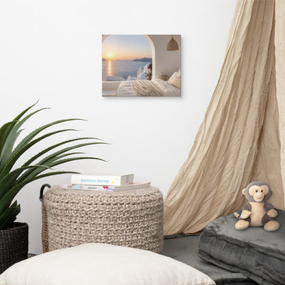Illustrated Greek-island bedroom scene with whitewashed walls and sea-blue light.