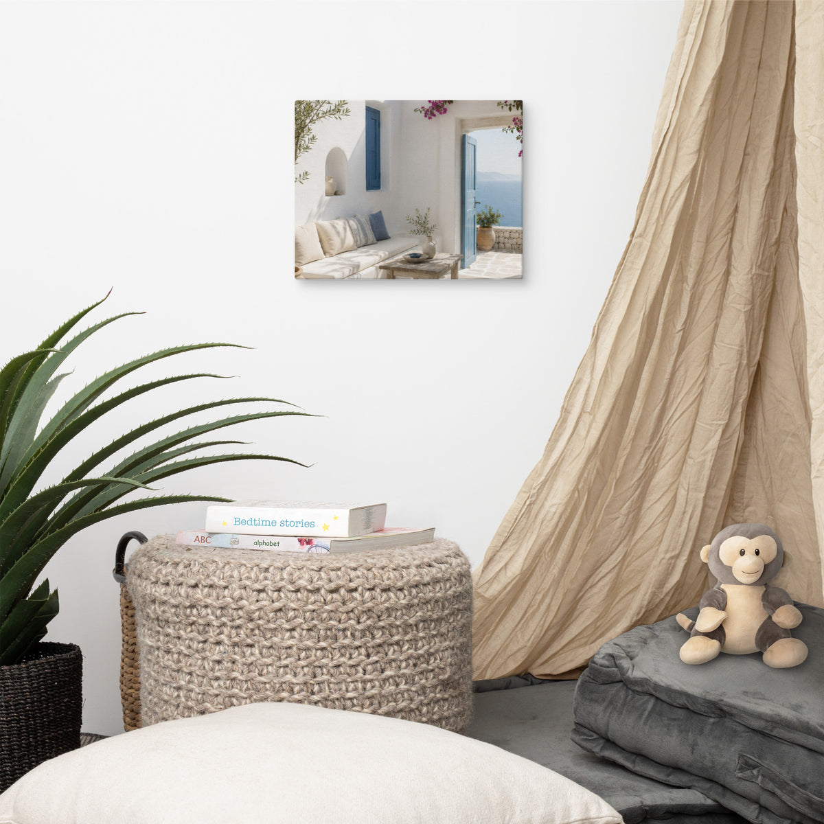 Illustrated Cycladic courtyard scene in white, blue, and stone tones — additional product photo.