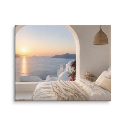 Illustrated Greek-island bedroom scene with whitewashed walls and sea-blue light, 11″×14″ size.