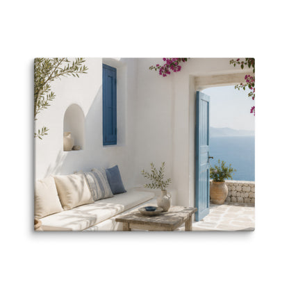 Illustrated Cycladic courtyard scene in white, blue, and stone tones, 11″×14″ size.