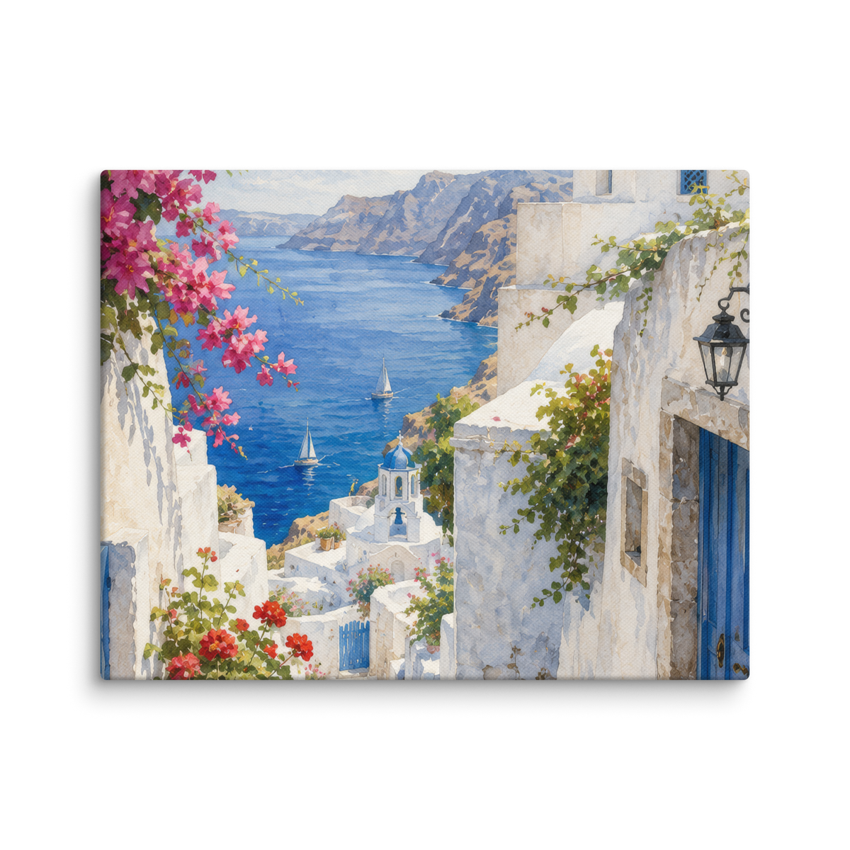 Canvas wall art featuring an illustrated Santorini courtyard scene, 11″×14″ size.