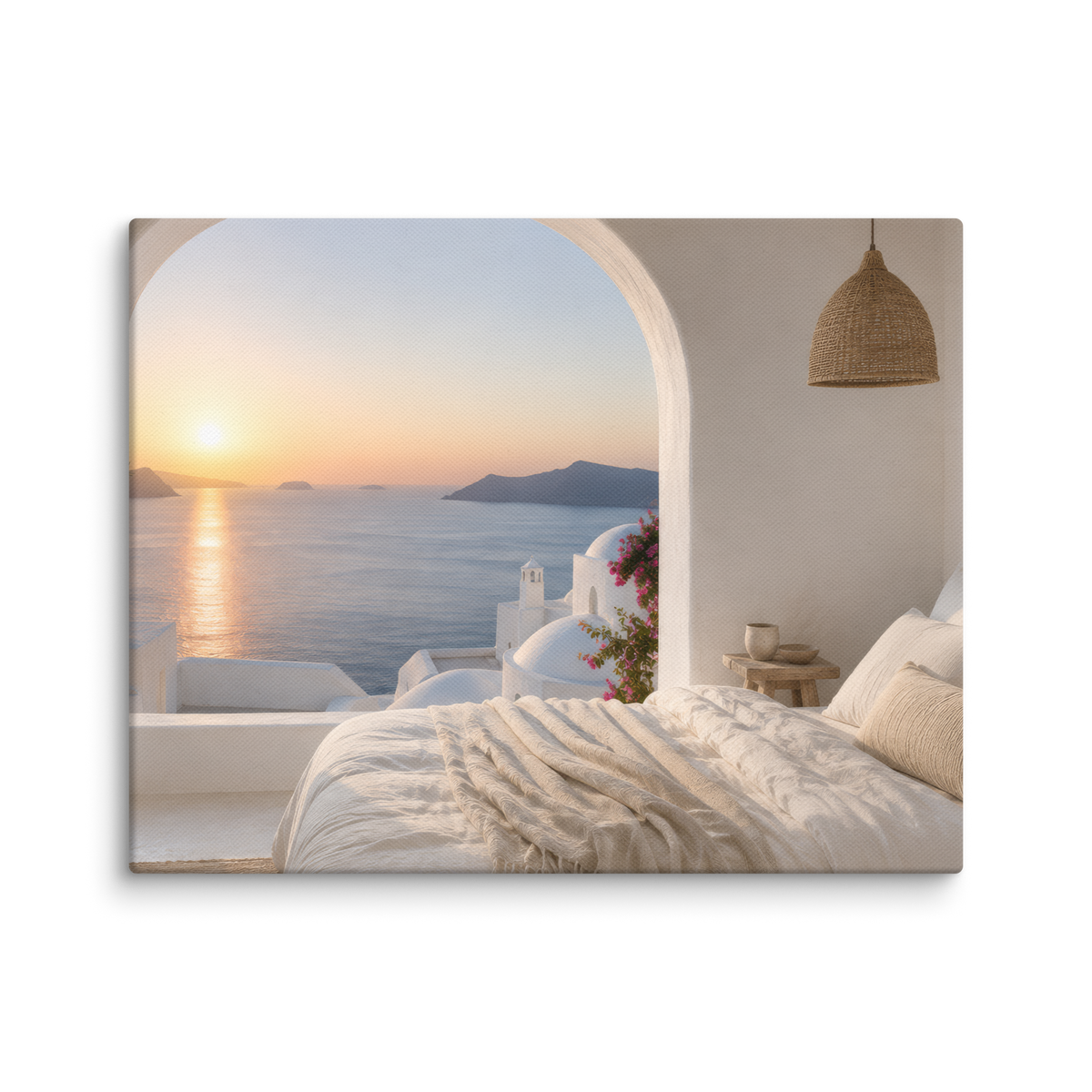 Illustrated Greek-island bedroom scene with whitewashed walls and sea-blue light — additional product photo.