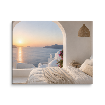 Illustrated Greek-island bedroom scene with whitewashed walls and sea-blue light — additional product photo.