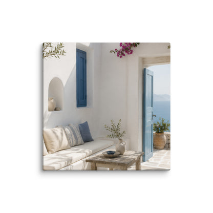 Illustrated Cycladic courtyard scene in white, blue, and stone tones, 12″×12″ size.