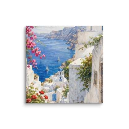 Canvas wall art featuring an illustrated Santorini courtyard scene, 12″×12″ size.