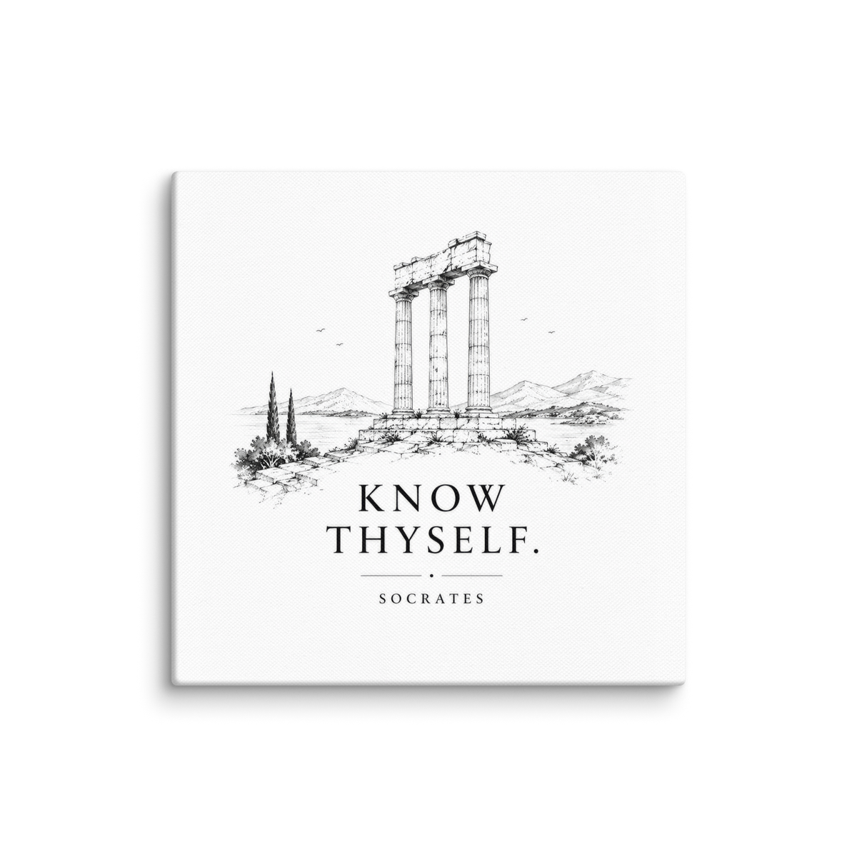 Canvas wall art featuring classical ruins and the Know Thyself maxim, 12″×12″ size.