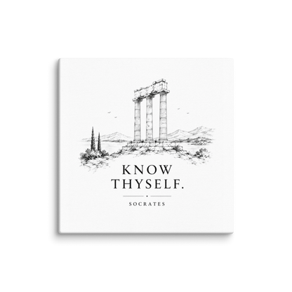 Canvas wall art featuring classical ruins and the Know Thyself maxim, 12″×12″ size.