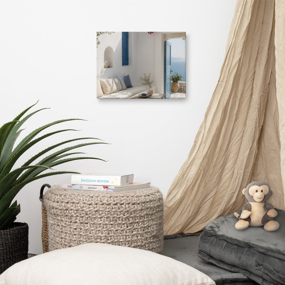 Illustrated Cycladic courtyard scene in white, blue, and stone tones — additional product photo.