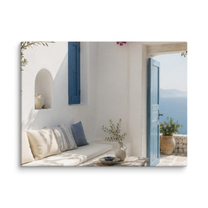 Illustrated Cycladic courtyard scene in white, blue, and stone tones, 12″×16″ size.