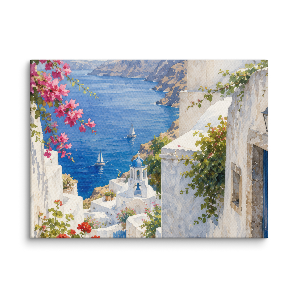 Canvas wall art featuring an illustrated Santorini courtyard scene, 12″×16″ size.
