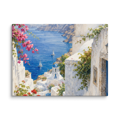 Canvas wall art featuring an illustrated Santorini courtyard scene, 12″×16″ size.