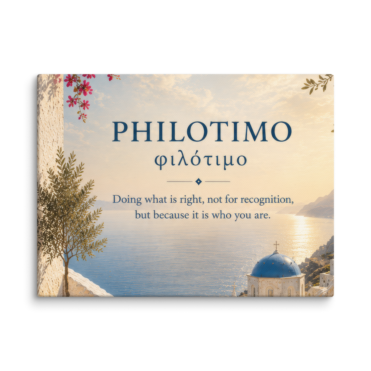 Canvas wall art featuring a minimalist design around the Greek concept of philotimo, 12″×16″ size.