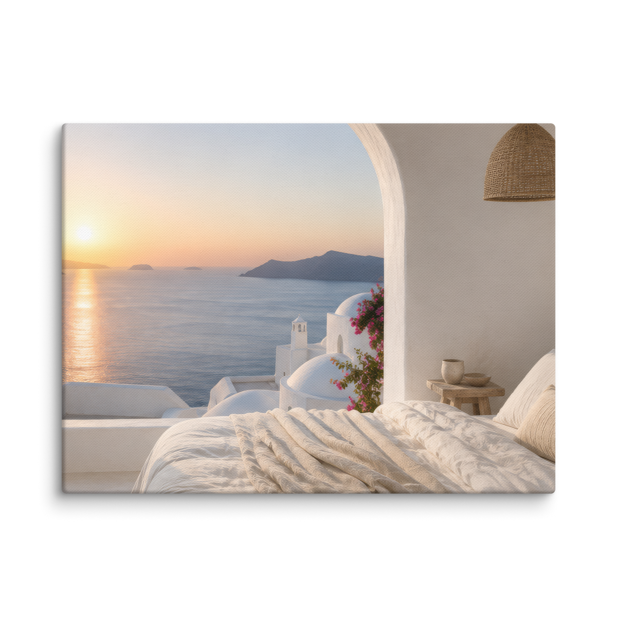 Illustrated Greek-island bedroom scene with whitewashed walls and sea-blue light, 12″×16″ size.